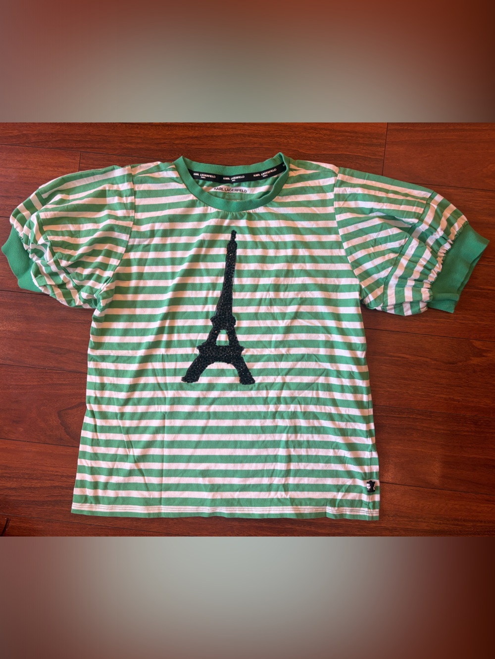 Karl Lagerfeld Green & White Striped Tee with Black Eiffel Tower